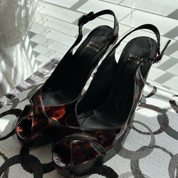 Stuart Weitzman Patent Leather Slingback Tortoise Shell Platform Heels - Size 6M - Picture 4 of 13
